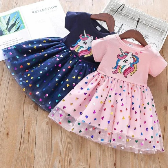 3T Girls Navy Blue Unicorn Dress Party Baby Dresses with Shiny Rainbow Hearts - Picture 2 of 8